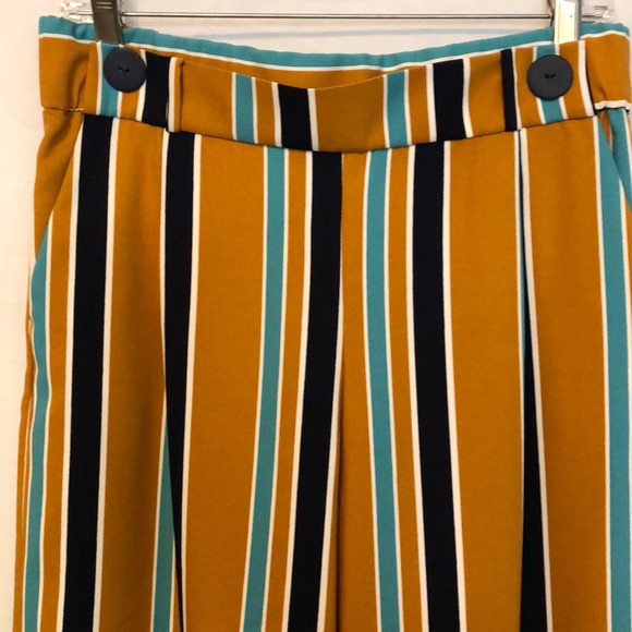 Zara Pants - Zara TRF Stripe Wide Leg Black Teal Orange Pants L